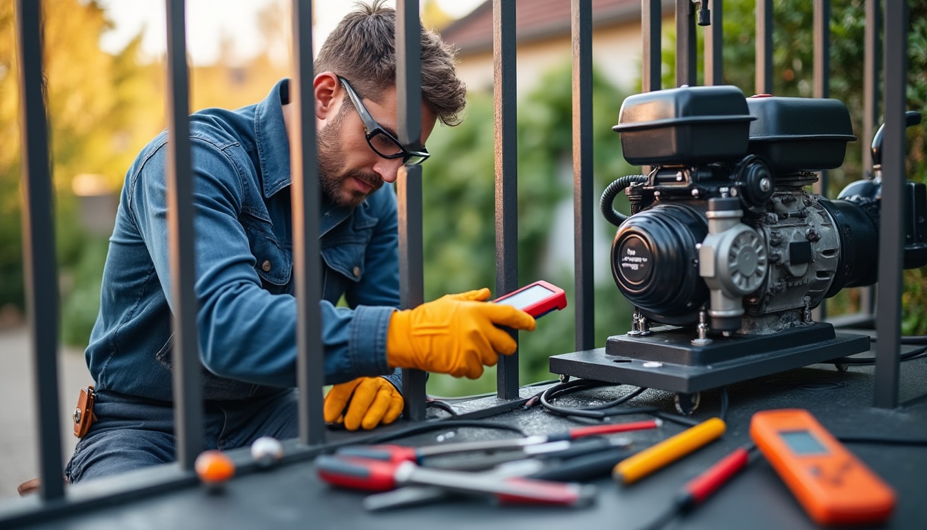 Illustration: Sécurité et préparation avant le réglage du moteur Nice pour portail battant